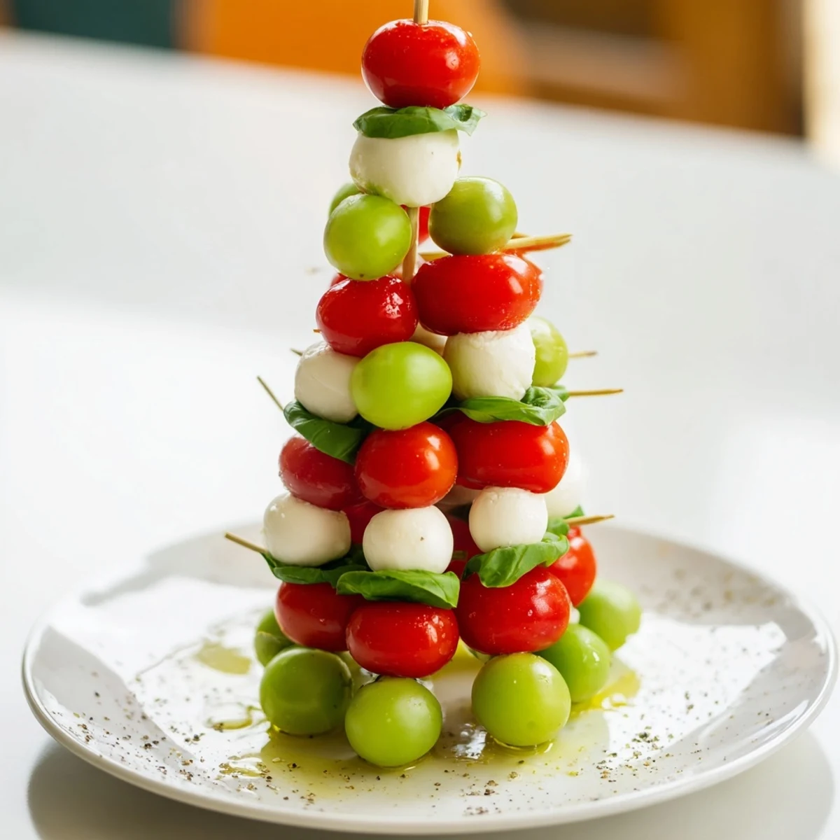 A beautifully arranged Caprese Skewer Tree sparkles with balsamic glaze, offering a fresh, Italian-inspired appetizer.