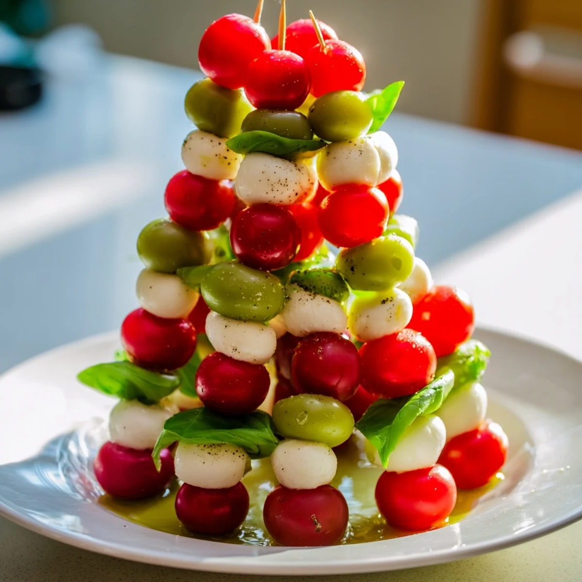 Delicious and colorful, this Caprese Skewer Tree features vibrant cherry tomatoes, ready to serve and enjoy.