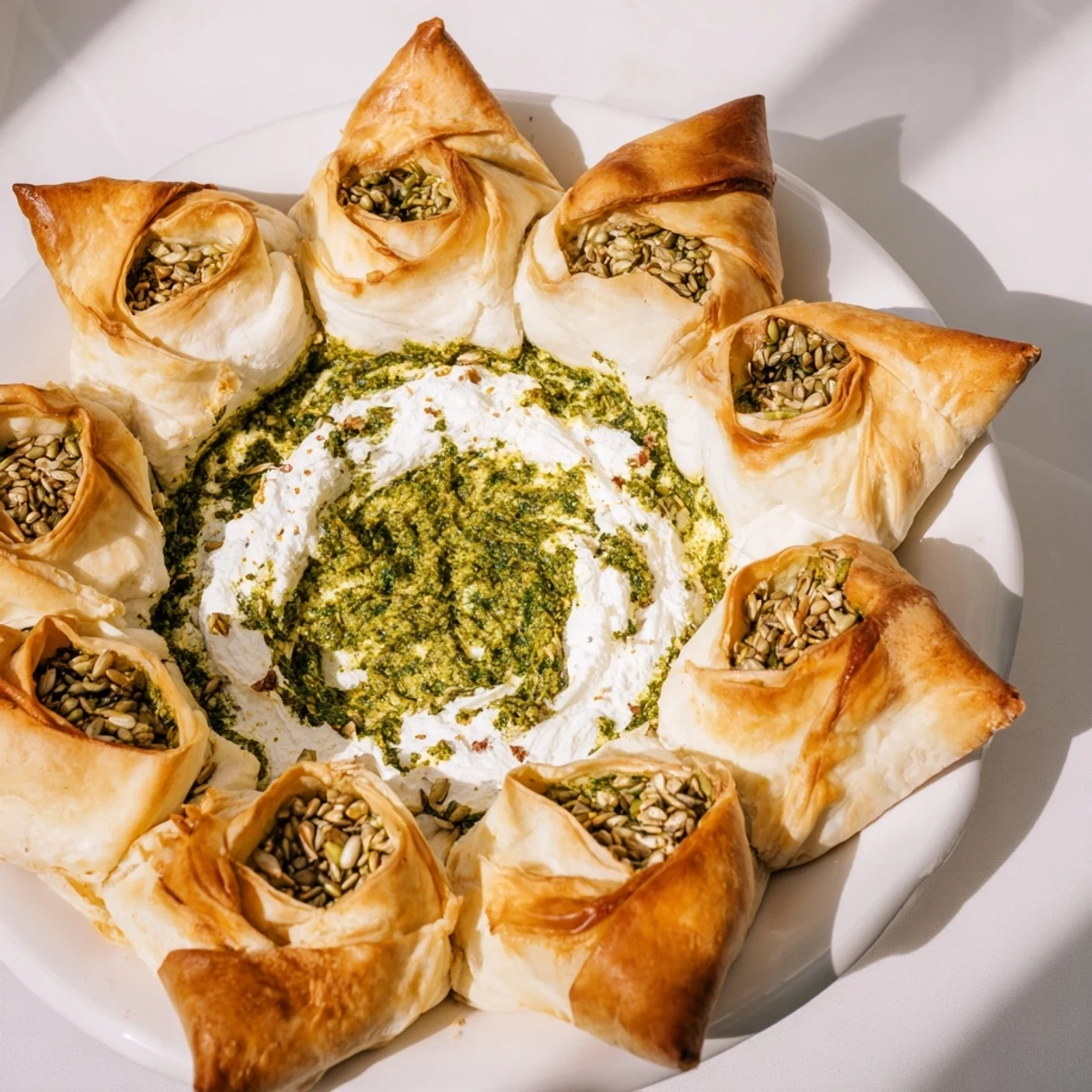 Golden, star-shaped pesto dip with flaky pastry edges – perfect appetizer for any party.