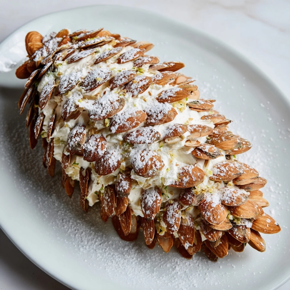 Snowy Pinecone Centerpiece appetizer, a beautiful edible creation of cheese and almond flakes, ready to impress.