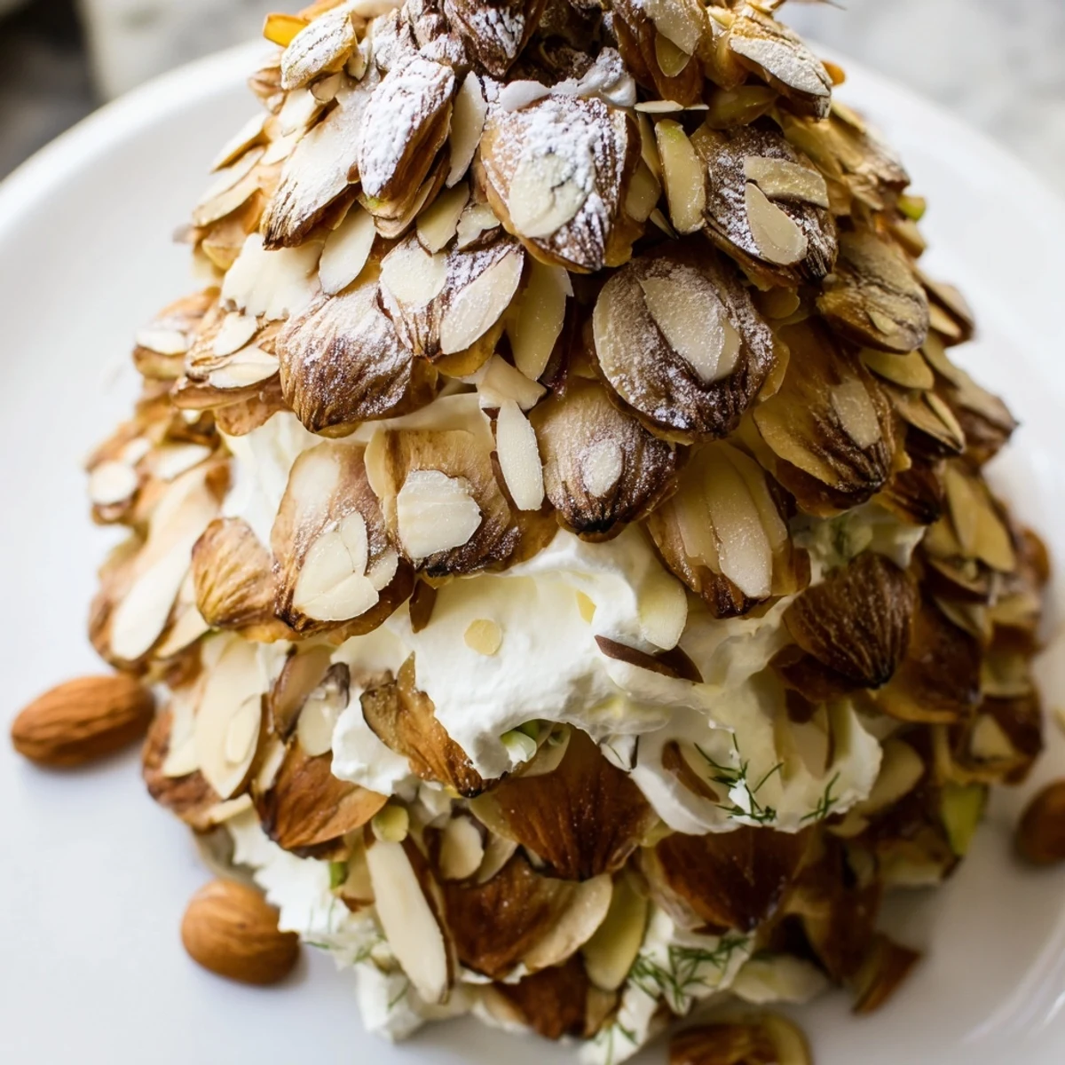 This festive Snowy Pinecone Centerpiece boasts a textured, almond-scale design with powder sugar dusting, plus grapes.