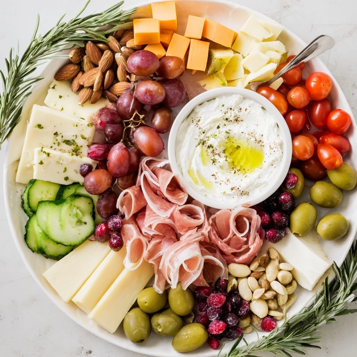 Bright evergreen wreath board appetizer with colorful cheese, grapes, and nuts, ready to serve.