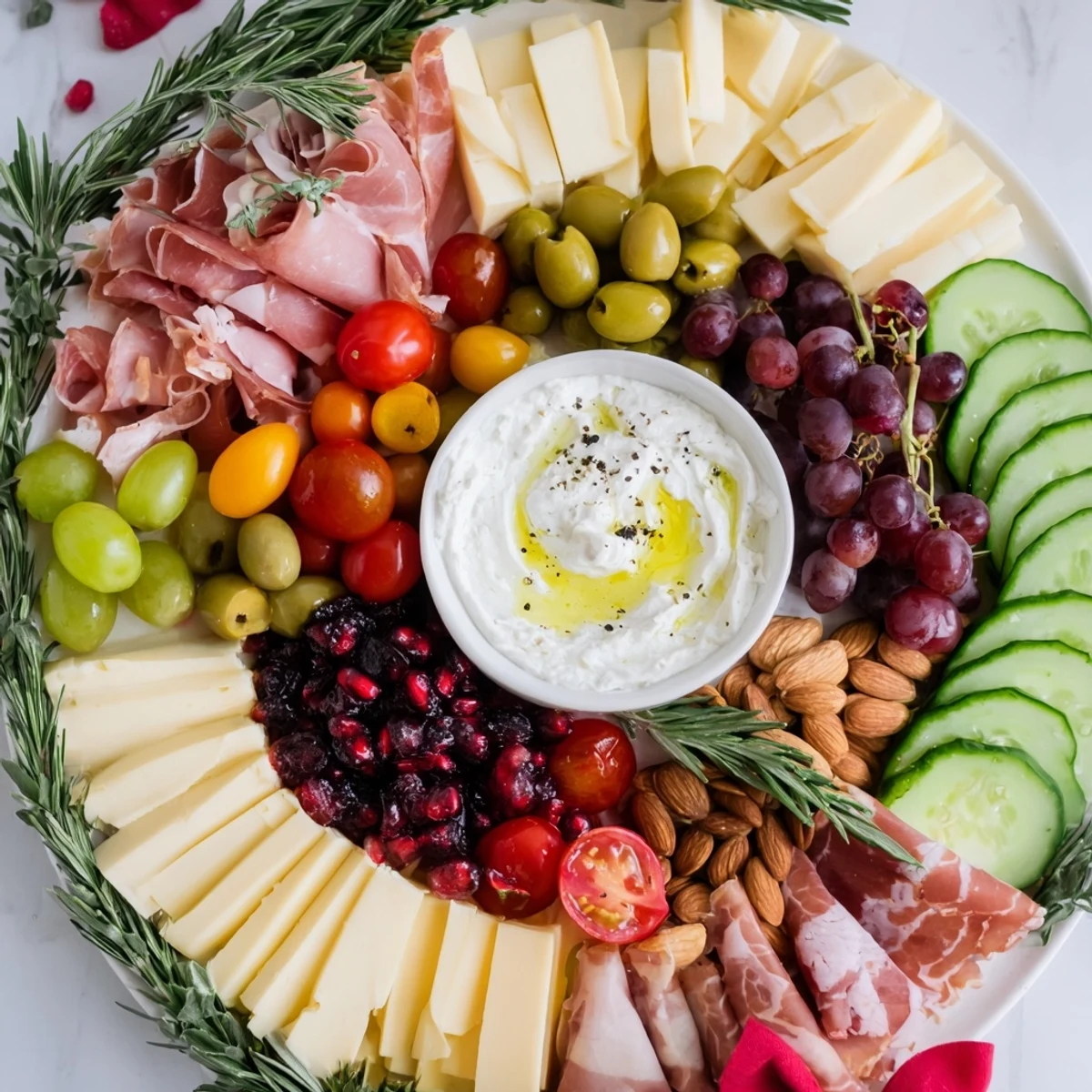 Festive Evergreen Wreath Board arranged with cheeses, meats, and fresh rosemary sprigs, perfect for a party.