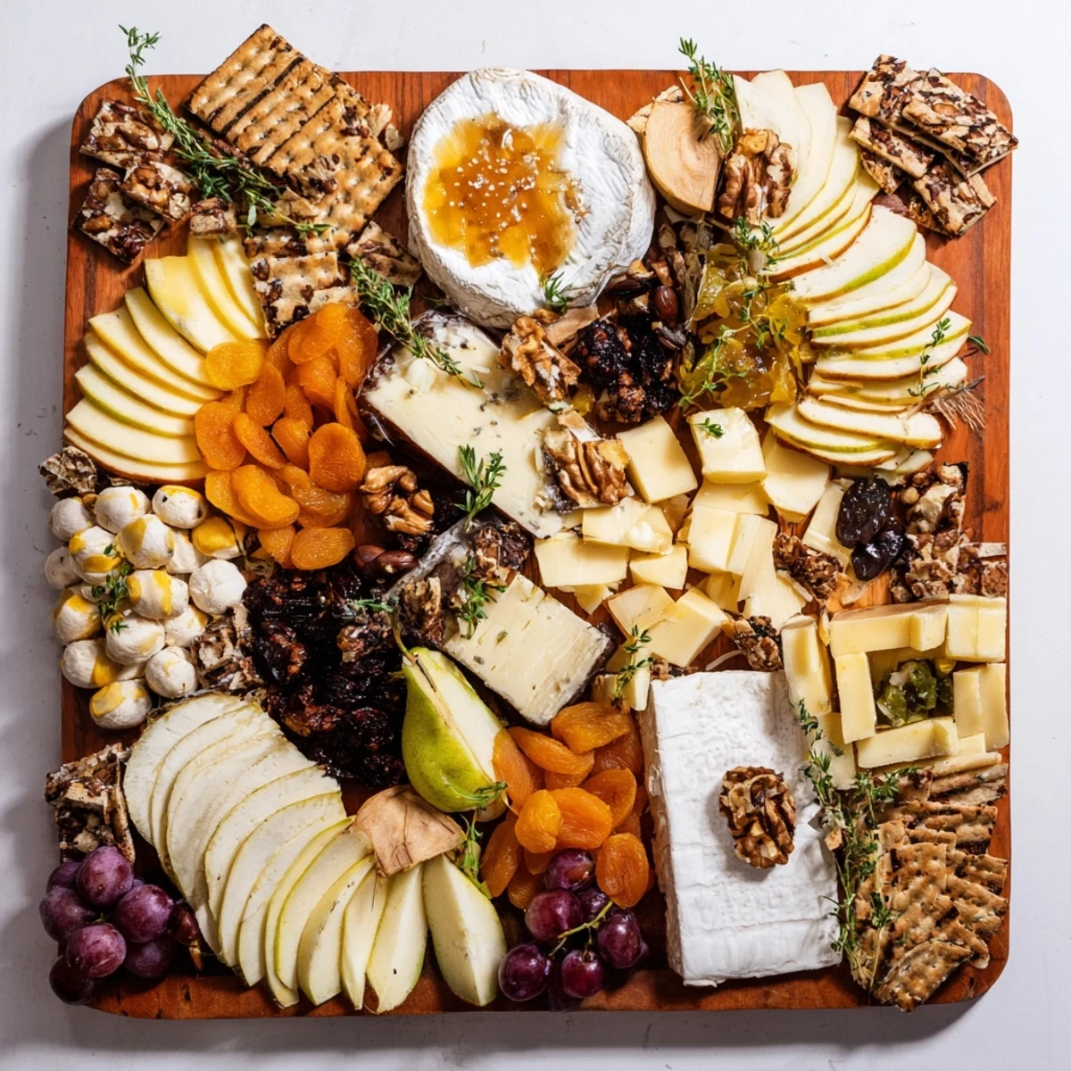 A beautifully arranged Twelve Days of Cheese Board, brimming with diverse cheeses and delicious accompaniments to enjoy.