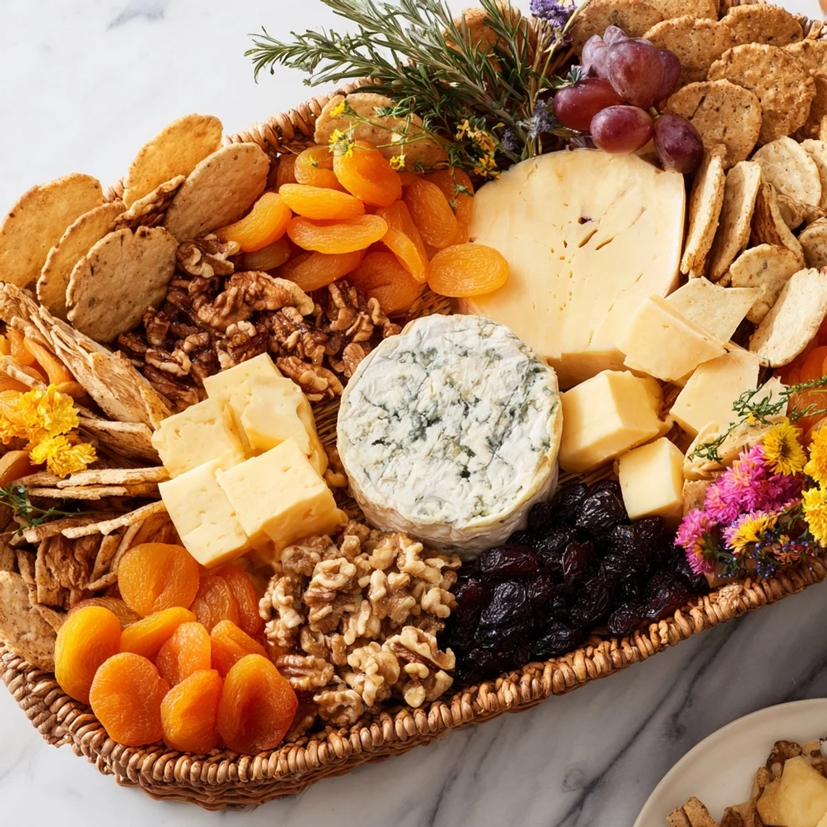 A vibrant Autumn Harvest Horn of Plenty overflowing with colorful dried fruits and artisanal cheeses.