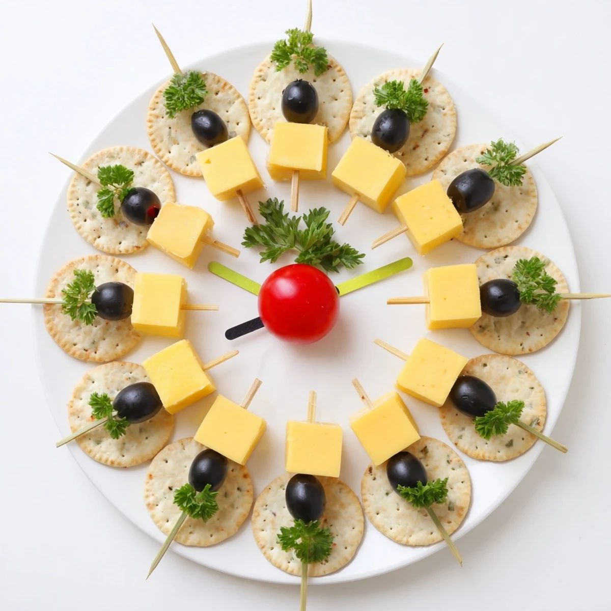 Delicious New Year's Clock Countdown appetizer, with cheese and olive clock hands ready to be enjoyed.