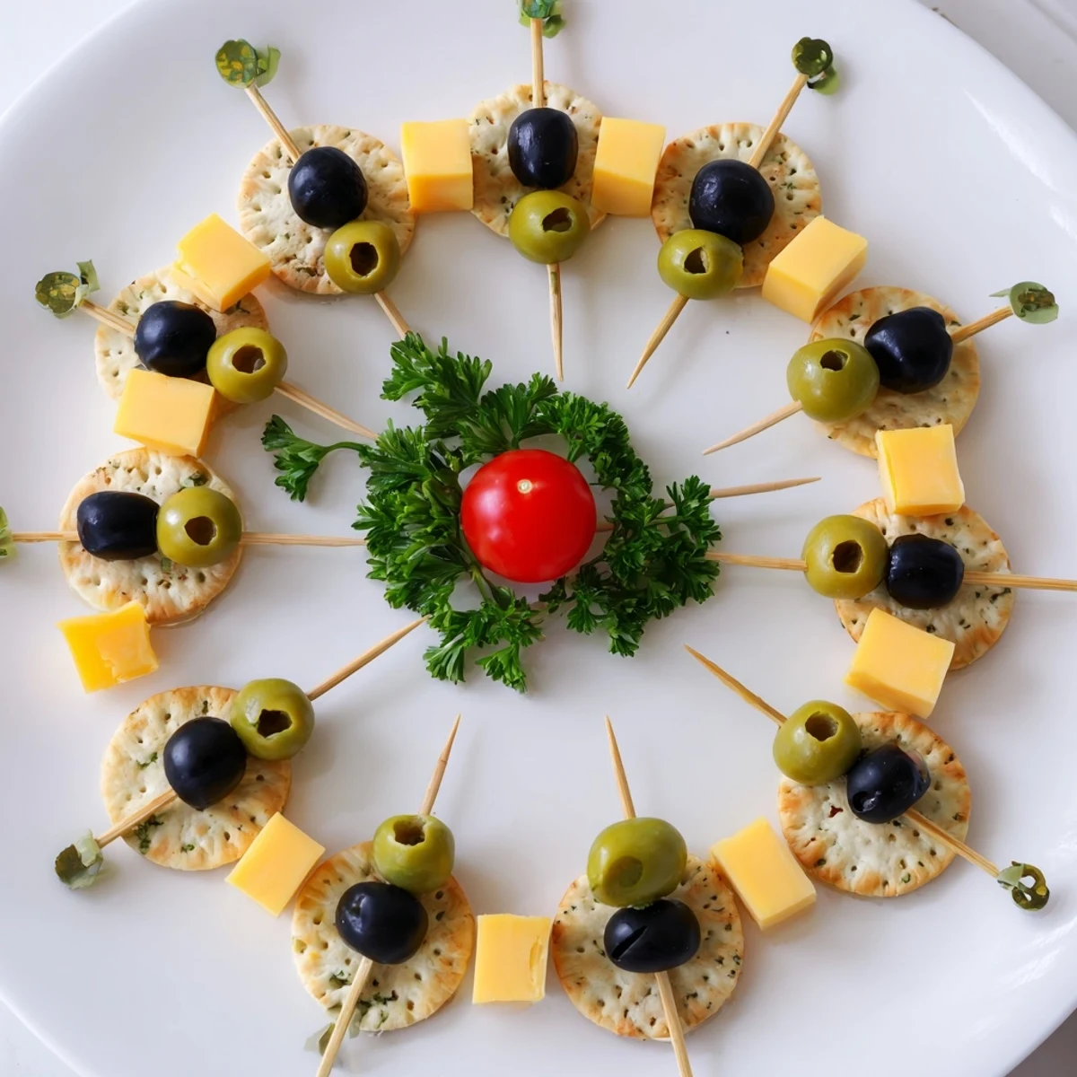 Eye-catching New Years Eve Clock Countdown platter, featuring cheese clocks counting down to the midnight snack.