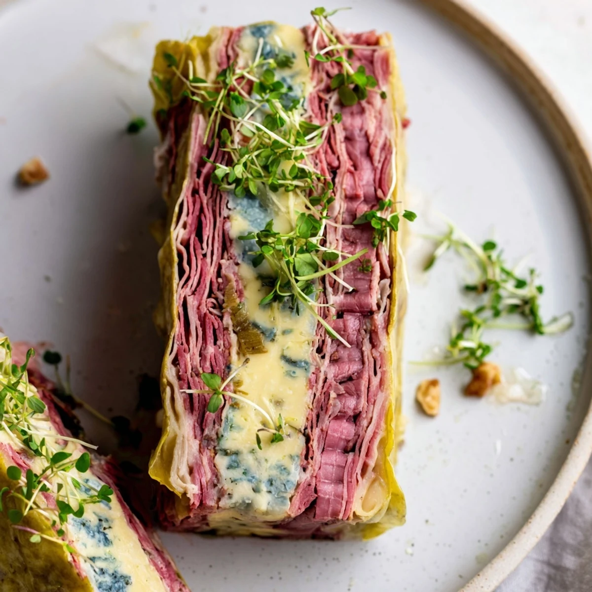 Garnished The Grand Canyon Rim, a layered meat terrine with a river of blue cheese, ready to serve.