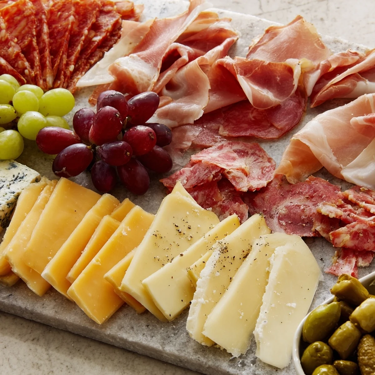 Visually appealing Industrial Slate, featuring gourmet meats, cheeses, and tangy whole grain mustard.