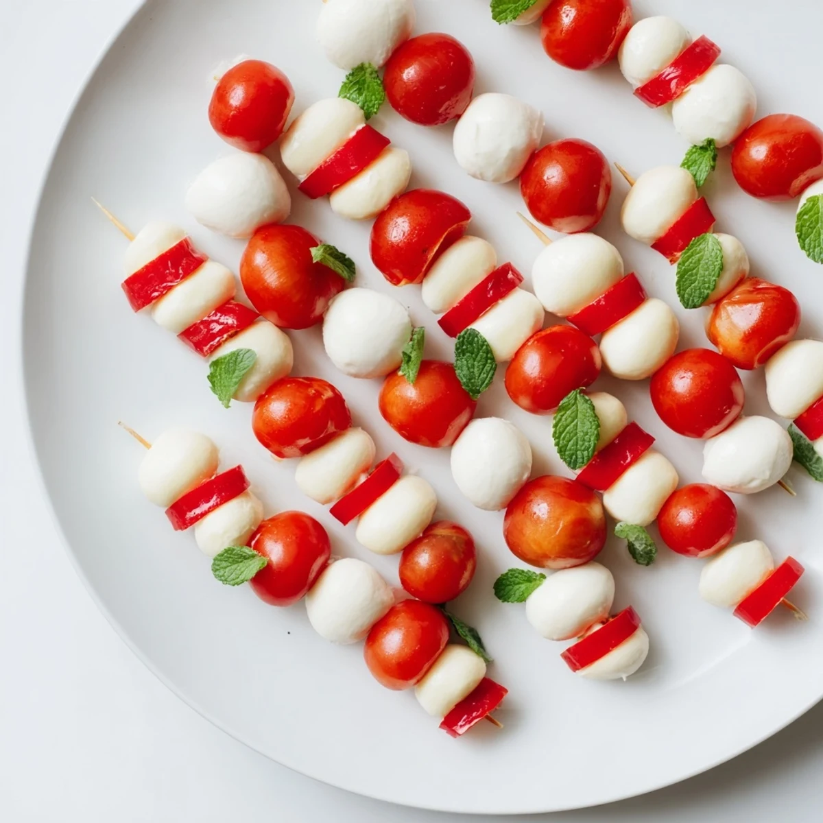 Festive Peppermint Stripe Celebration appetizer platter featuring layered mozzarella, strawberries, and crackers for a party.