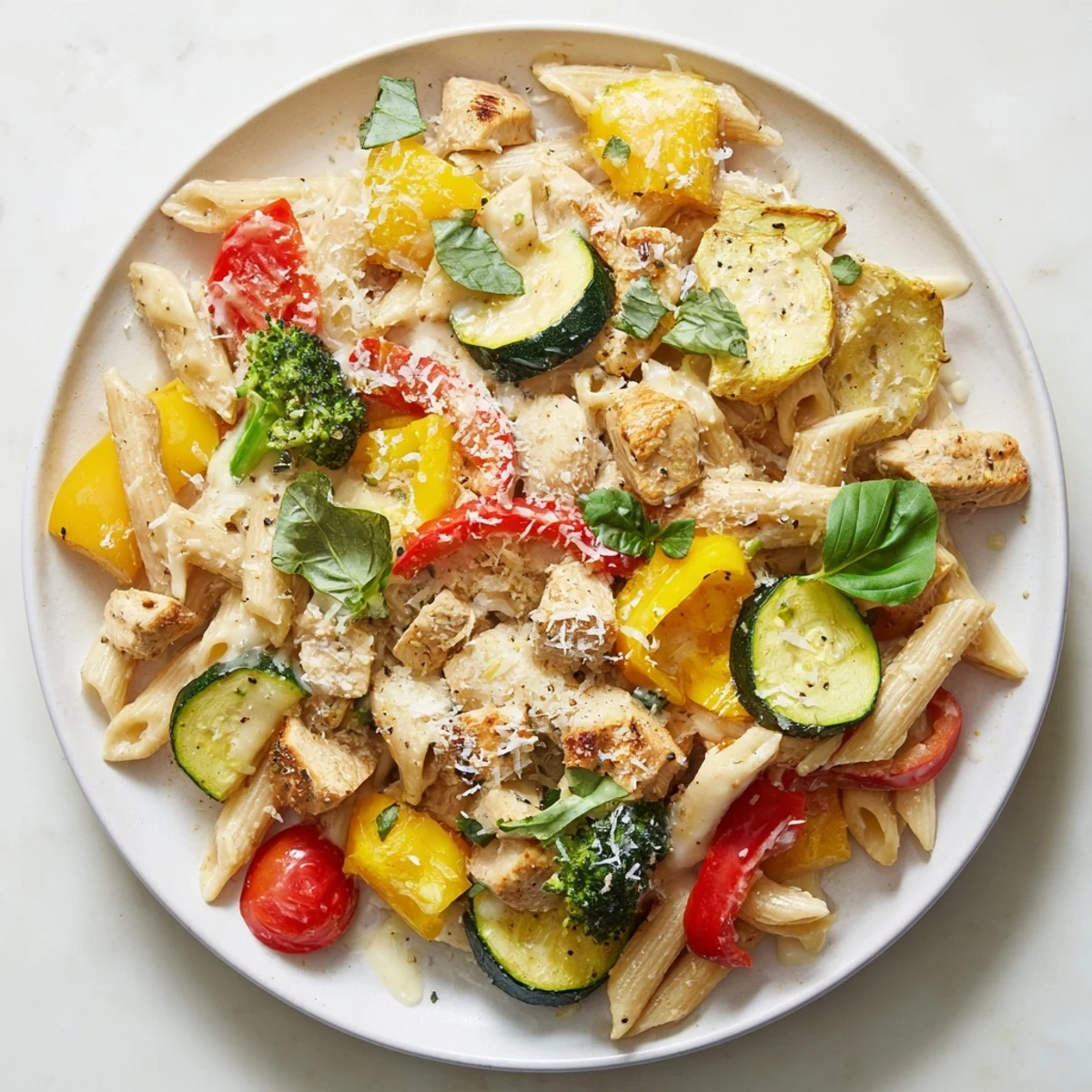 Steaming 5-4-3-2-1 Pasta Primavera, a colorful chicken and vegetable pasta dish, ready to eat.