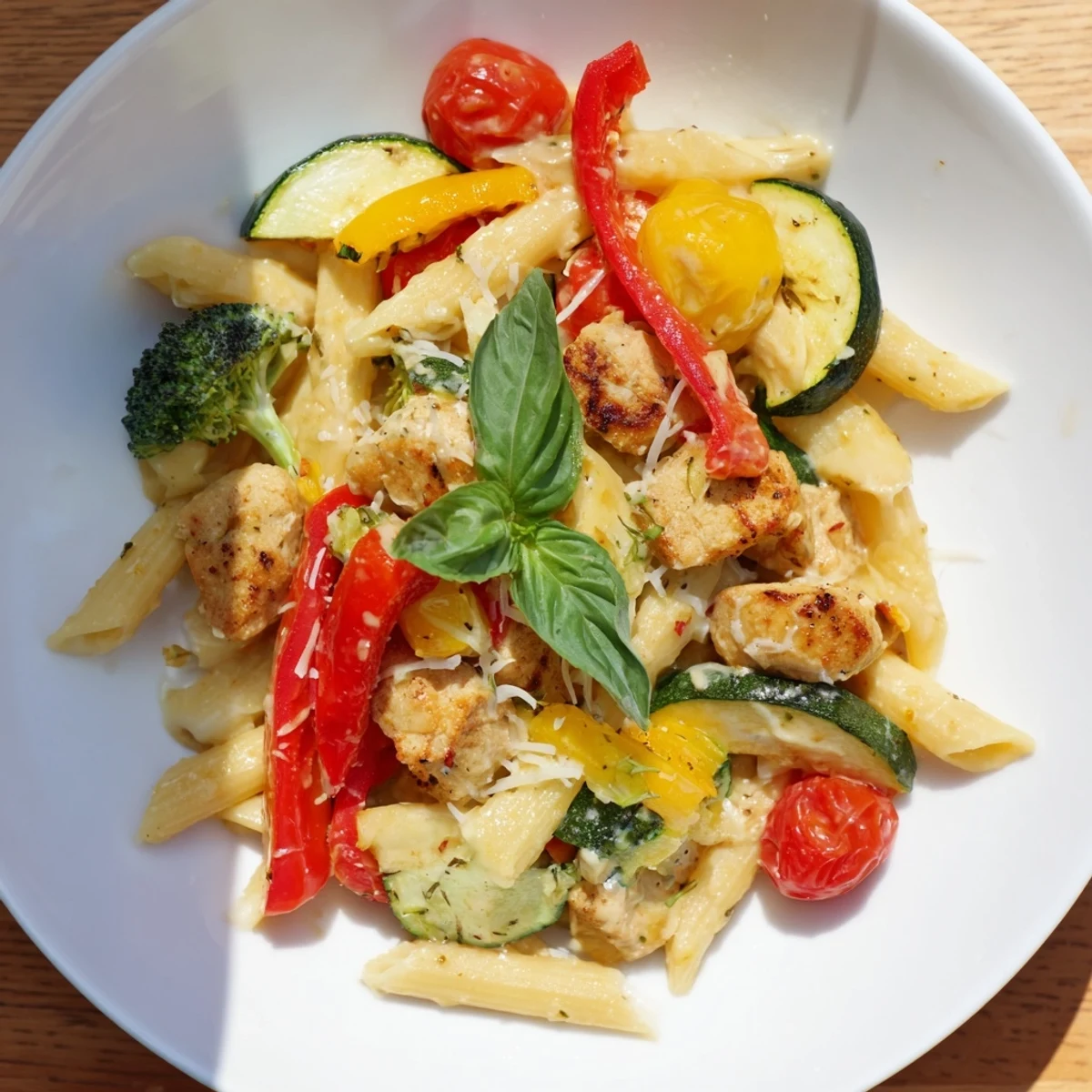 Golden chicken pieces and fresh vegetables in a flavorful 5-4-3-2-1 Pasta Primavera with creamy sauce.