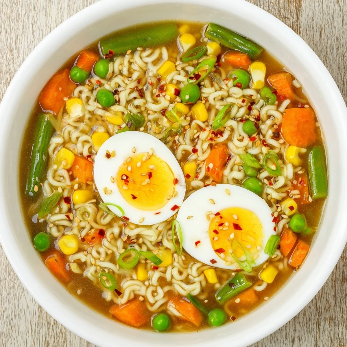 Steaming bowl of ramen upgrade with frozen peas, vibrant veggies floating in rich broth.