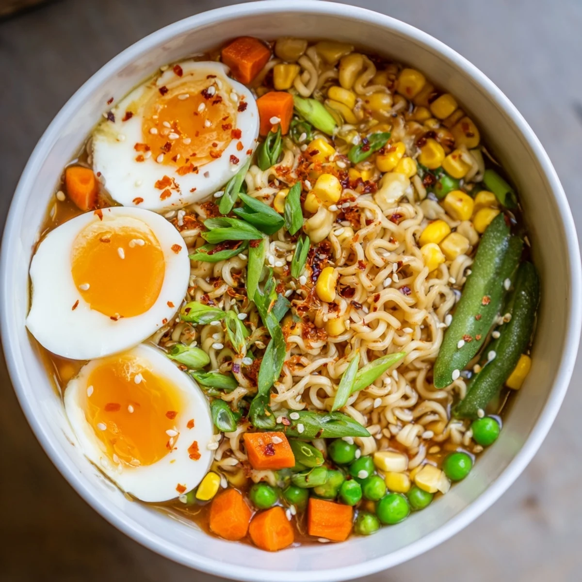 Vivid image of a homemade ramen upgrade with frozen peas, topped with fresh green onions.