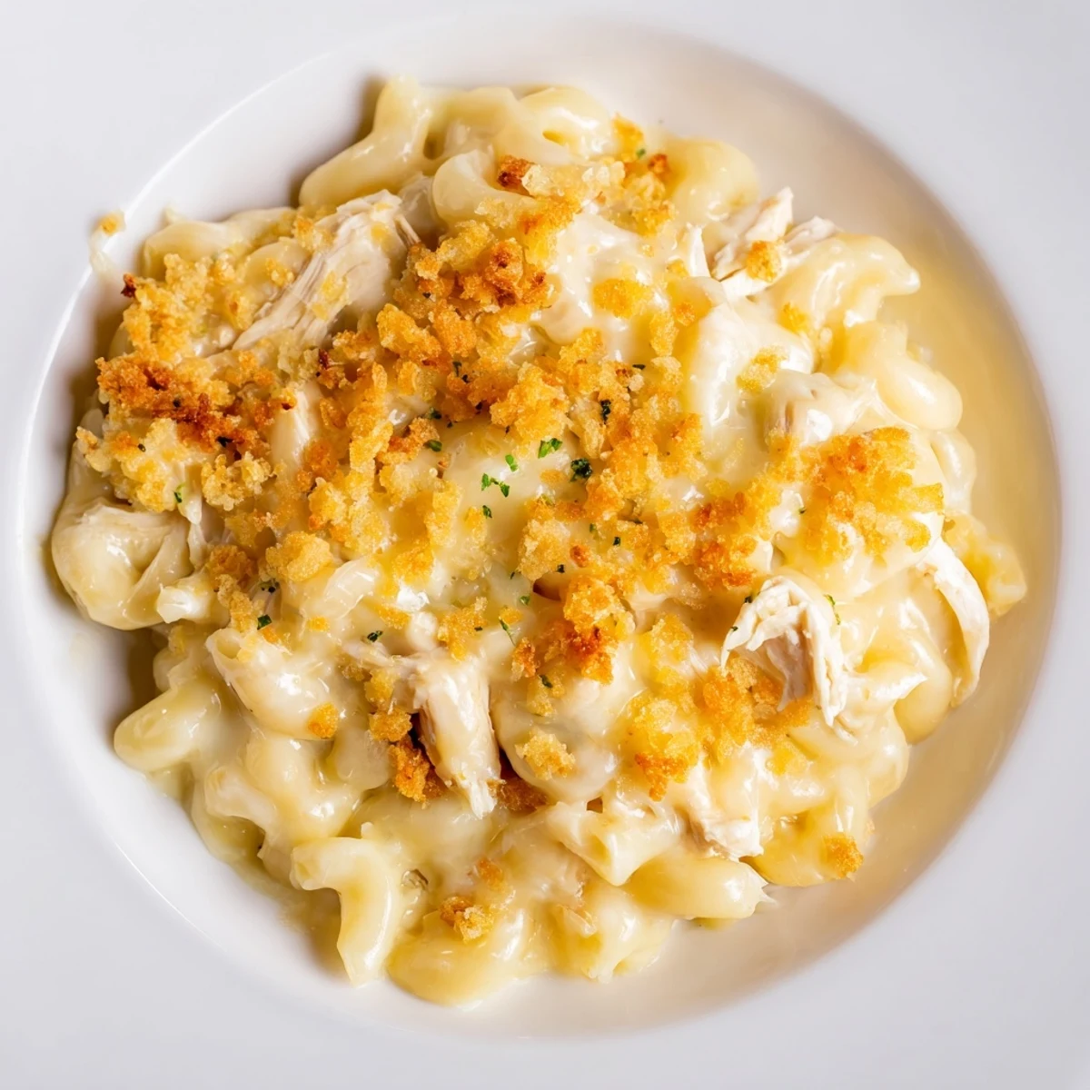 A close-up of a bubbling, cheesy chicken macaroni casserole, ready to serve and enjoy.
