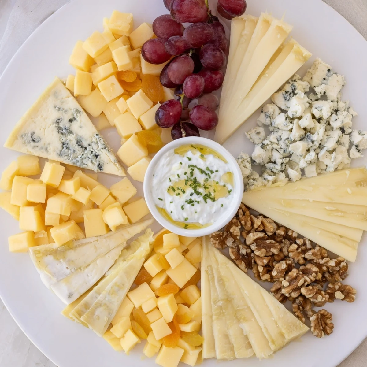 This vibrant Celtic Cross Cheese Platter includes an assortment of cheeses, fruits, and honey drizzle.