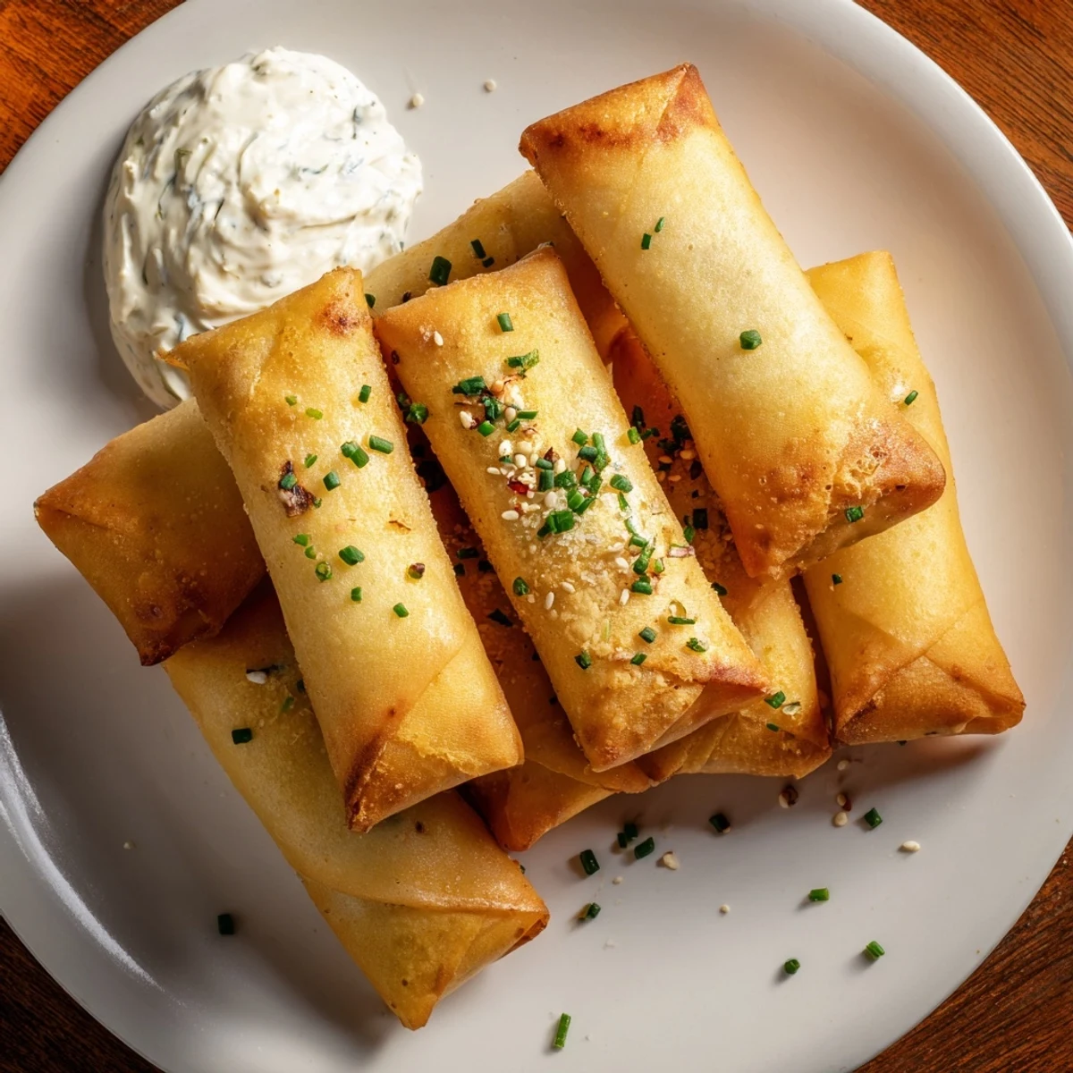 Golden air fryer lumpia chips with a creamy chicken cream cheese dip, a perfect snack.