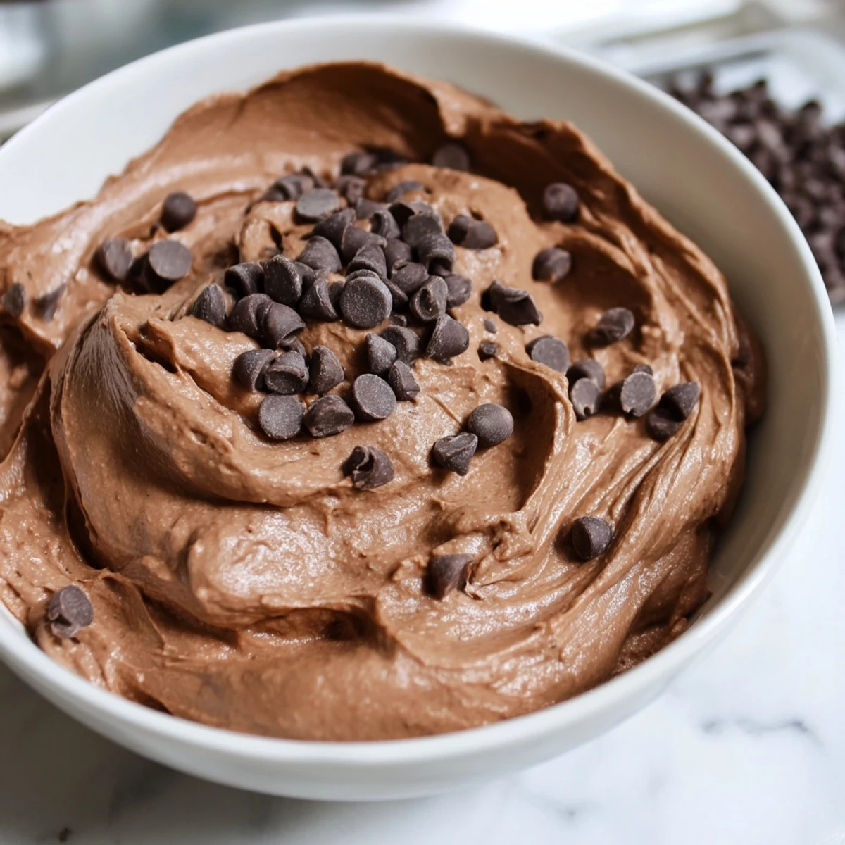 Irresistible gluten-free brownie batter dip, studded with chocolate chips, ready to scoop.