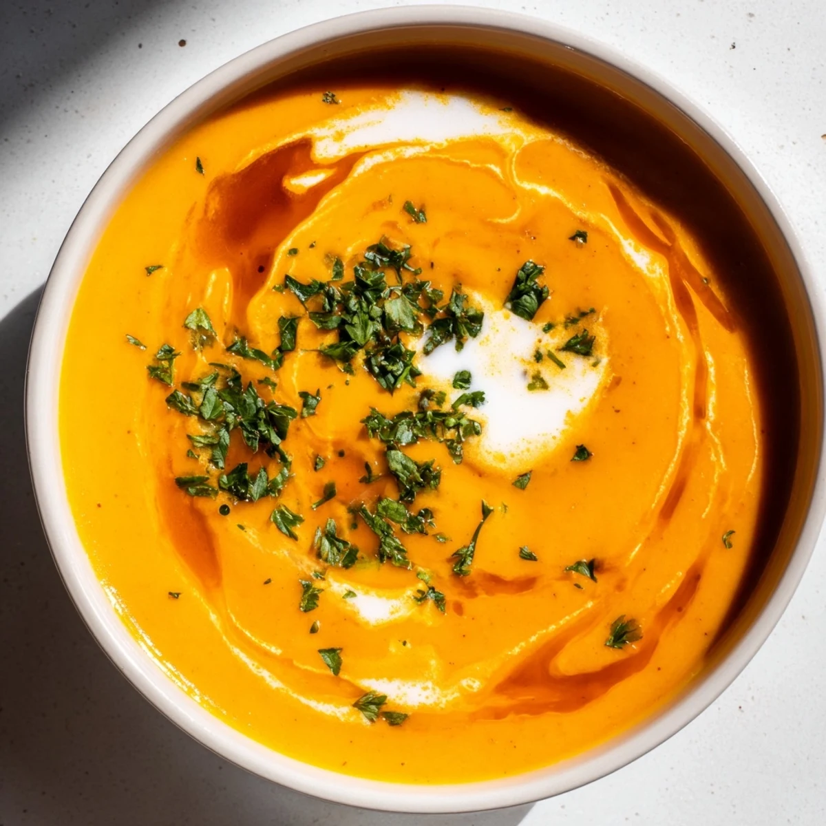 Creamy, vibrant Sweet Maple Carrot Soup served hot, garnished with fresh parsley and yogurt.