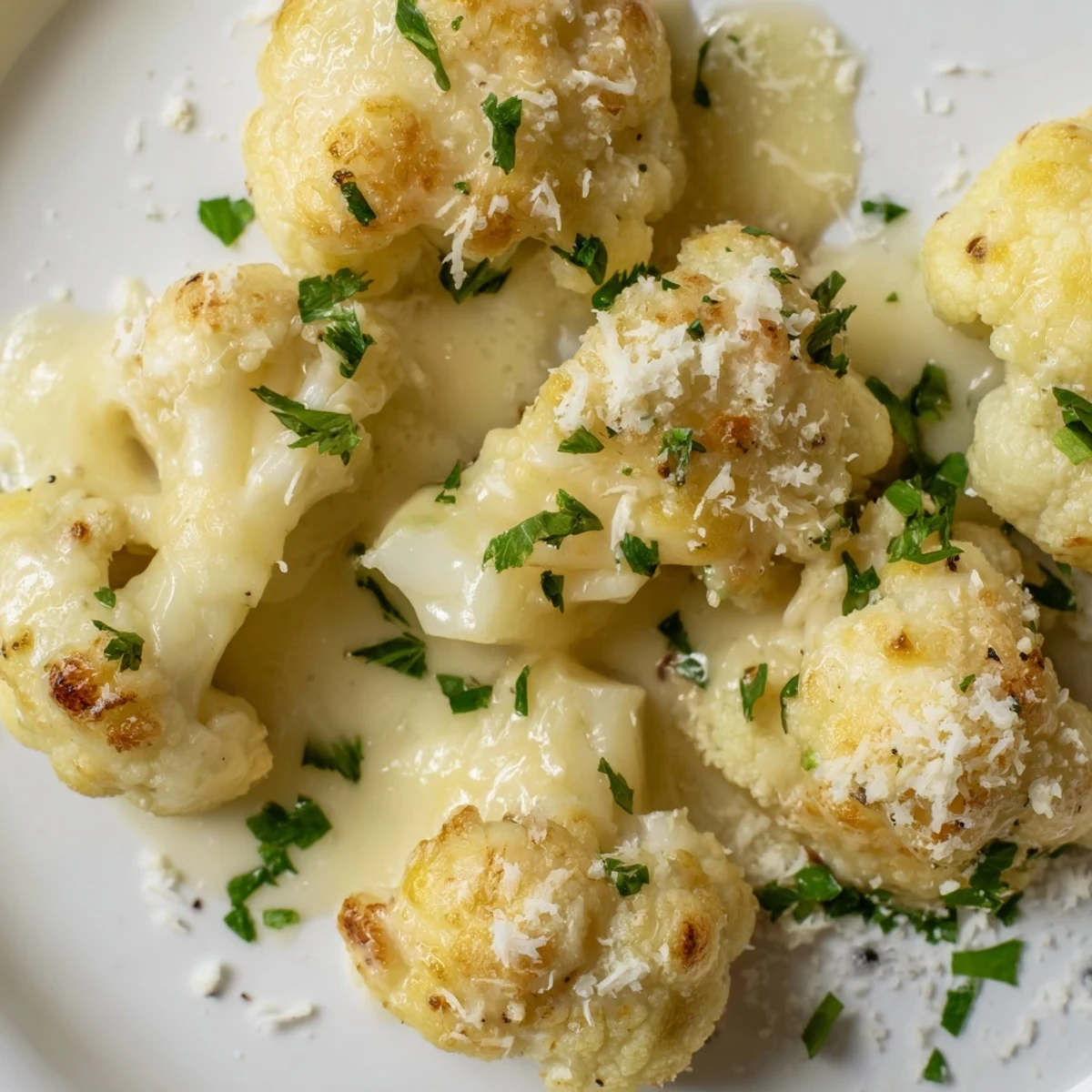 Golden, bubbly Cheesy Cauliflower Mac, a low-carb delight brimming with creamy, melted cheese.