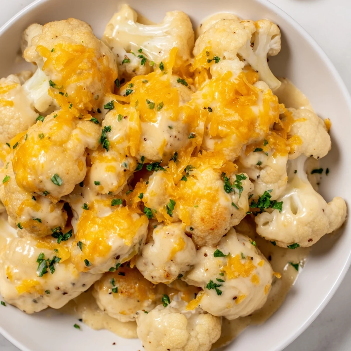 Close-up of baked Cheesy Cauliflower Mac with melted cheese and tender cauliflower; a comforting meal.