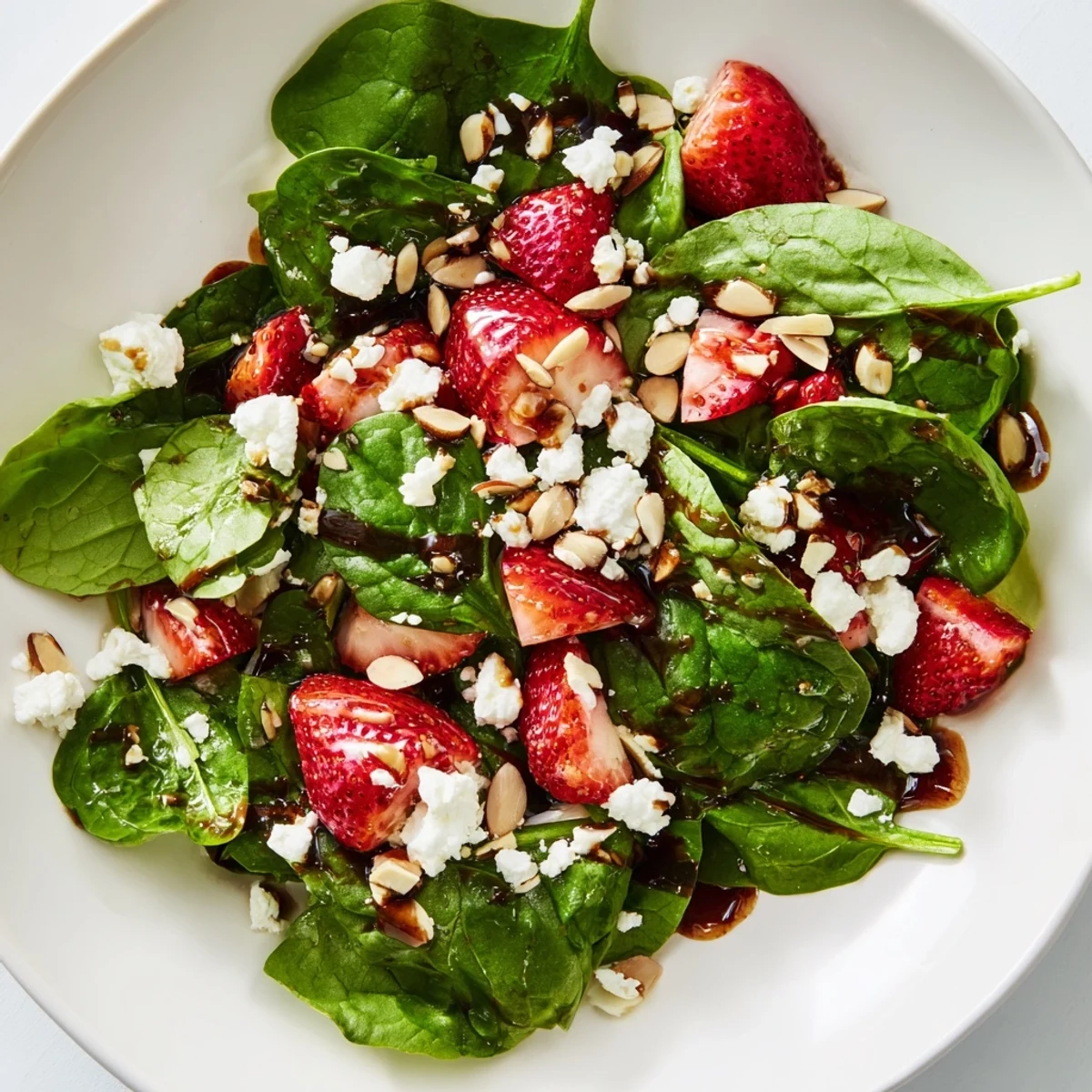 A colorful Strawberry Spinach Salad with ripe strawberries, feta, and almonds, ready to enjoy.