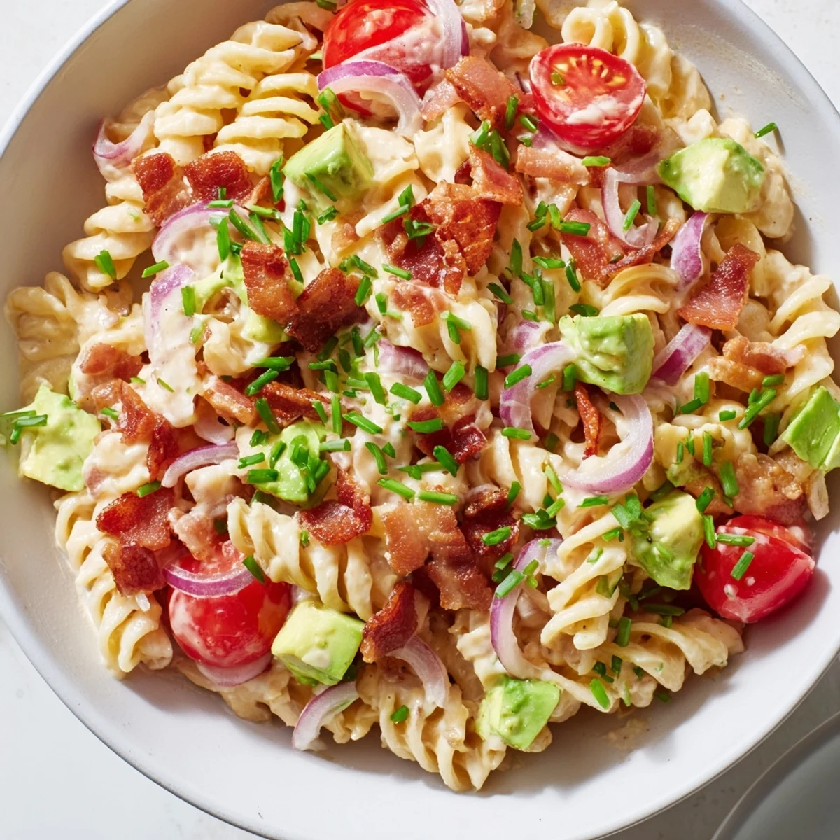 Enjoy a spoonful of the refreshing BLT Pasta Salad—a delightful combination with creamy dressing and flavorful bacon.