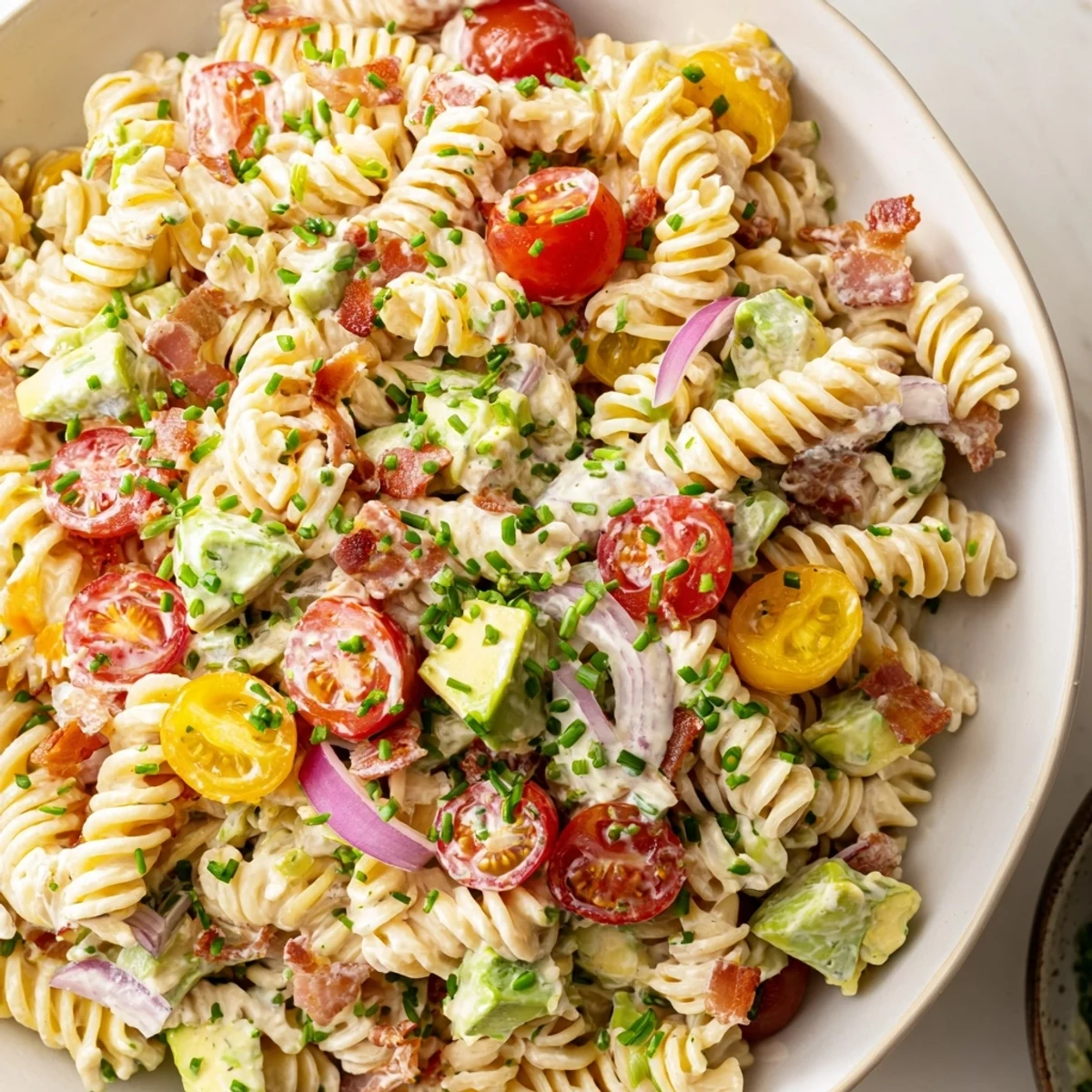 BLT Pasta Salad, a colorful mix showcasing crispy bacon, tomatoes, and creamy dressing on pasta.