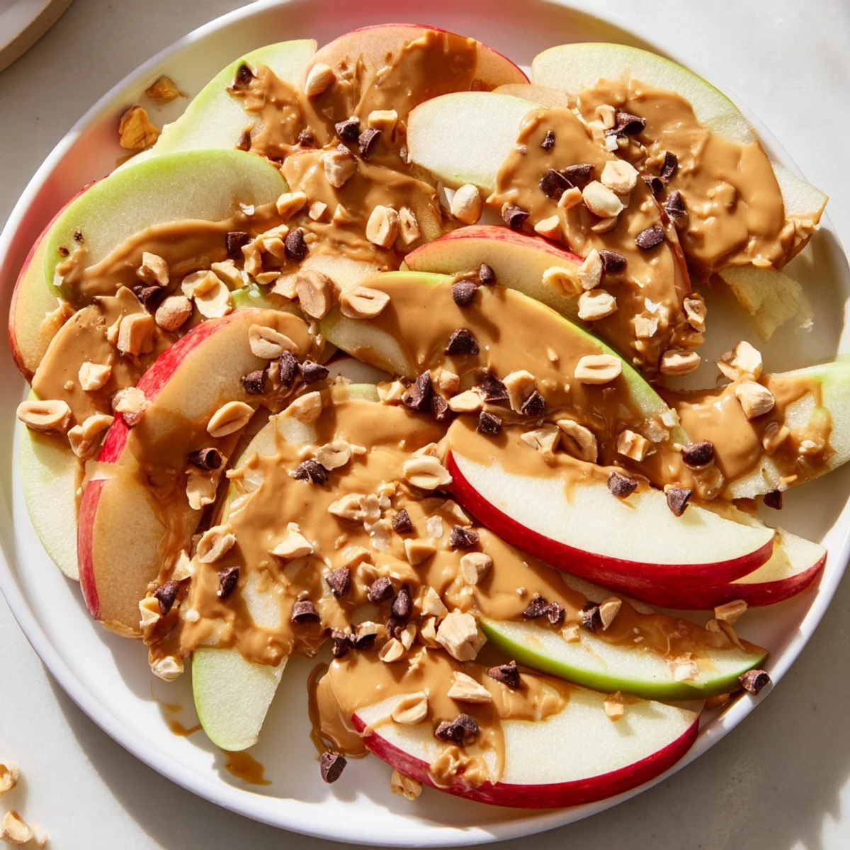Sweet peanut butter and honey drizzled over fresh Apple Nachos, ready to enjoy as a snack.