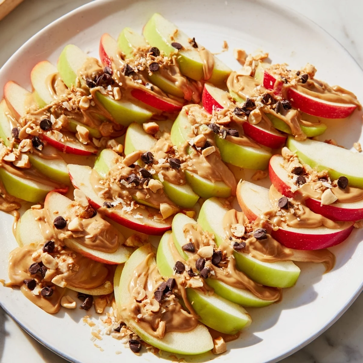 Crisp apple slices covered in peanut butter, a delightful Peanut Butter Apple Nachos treat.
