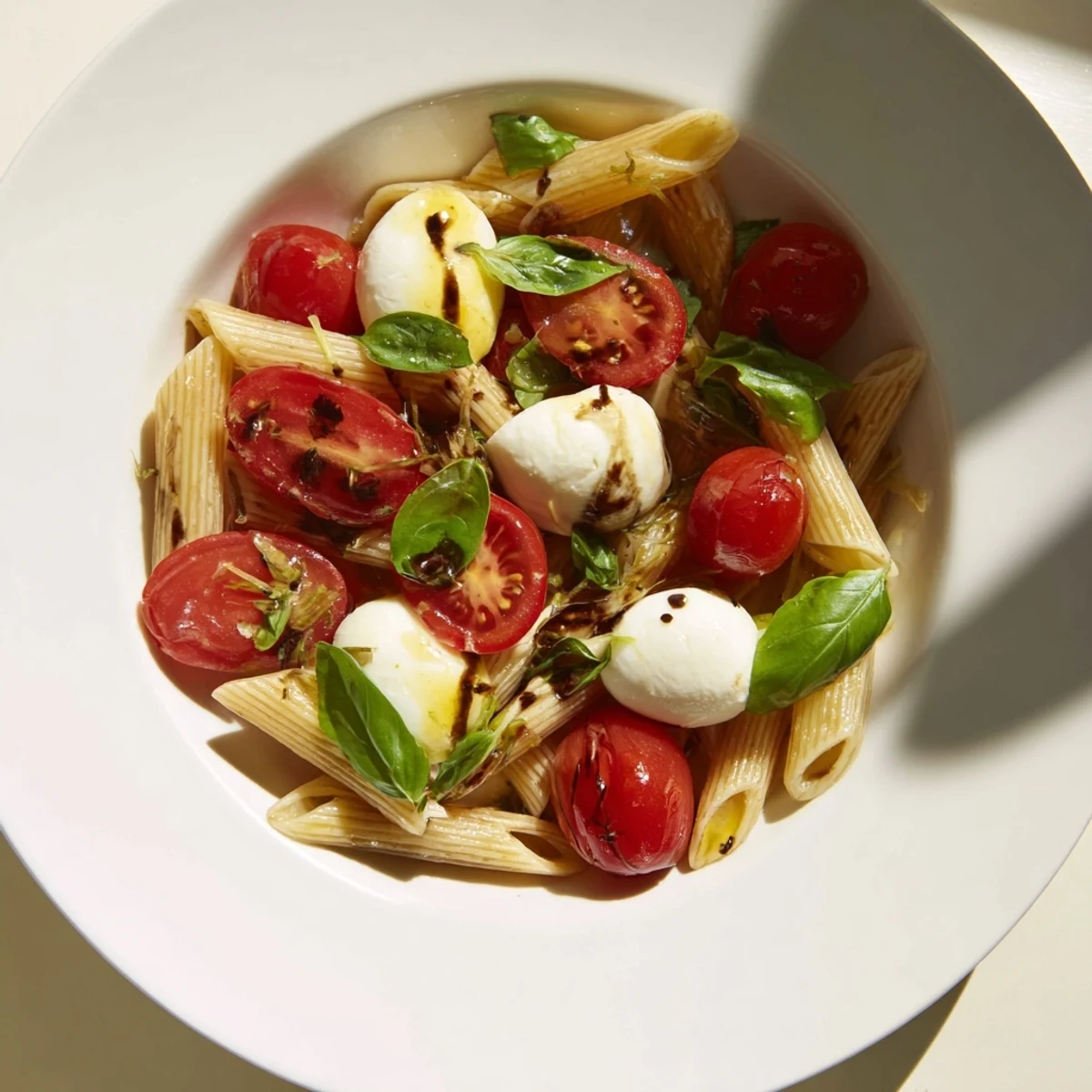 Beautiful Caprese Pasta Salad, featuring ripe tomatoes, mozzarella, and basil, ready to serve.
