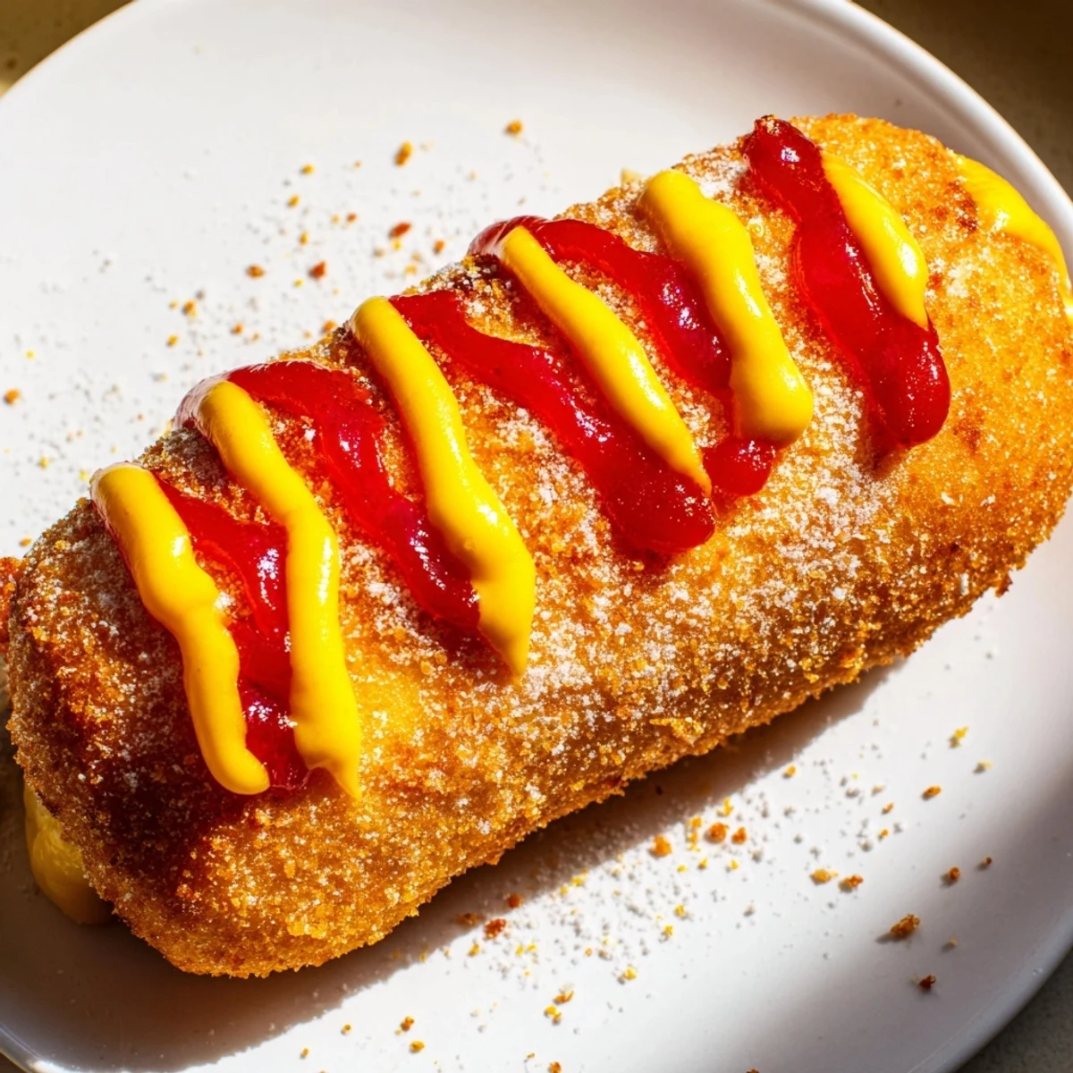 Golden, crispy Cheesy Korean Corn Dogs, freshly fried and ready for a sweet sprinkle of sugar.