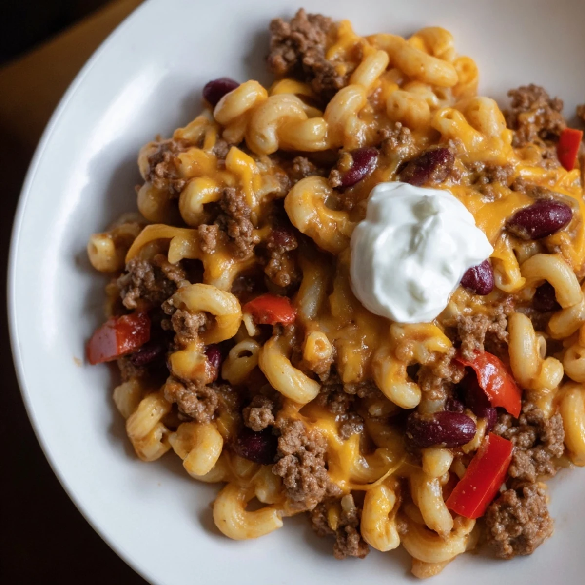 One-Pot Chili Mac: A steaming bowl showcasing creamy, cheesy macaroni intertwined with savory chili.
