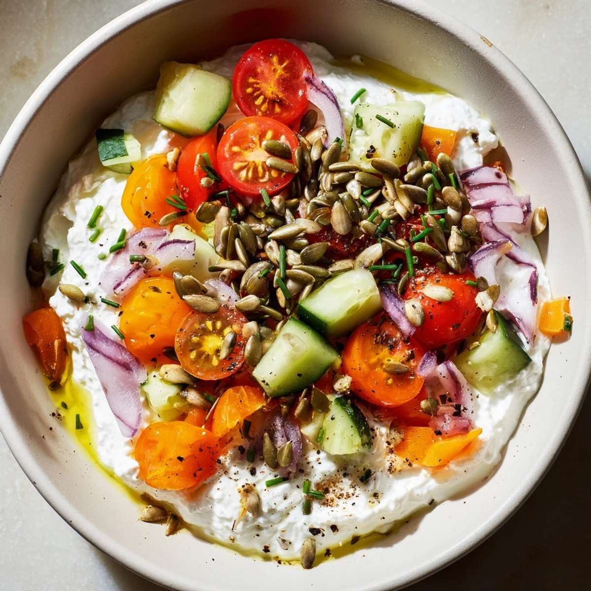 Creamy cottage cheese snack bowl with vibrant veggies, perfect for a quick, high-protein snack.