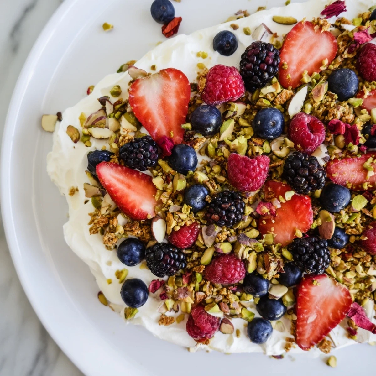 A close-up view of Frozen Fruit Yogurt Bark, bursting with colorful fruit, perfect for a summer treat.