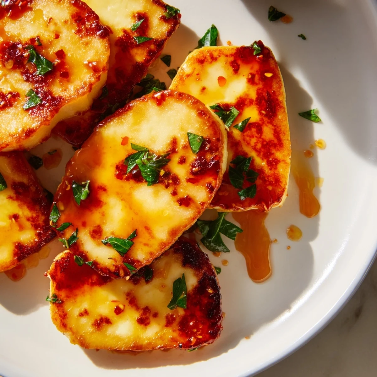 Golden, crispy Hot Honey Halloumi, sizzling in a pan and drizzled with a sweet, fiery glaze.