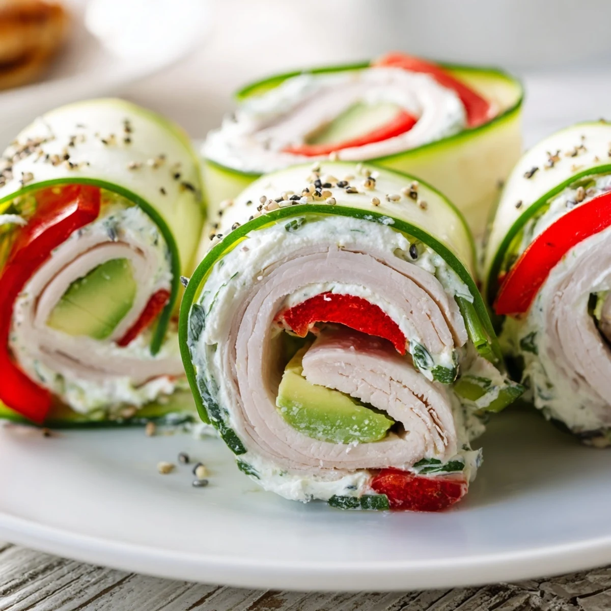 See fresh Cucumber Roll-Ups: perfectly rolled with turkey and cream cheese, ready to eat.