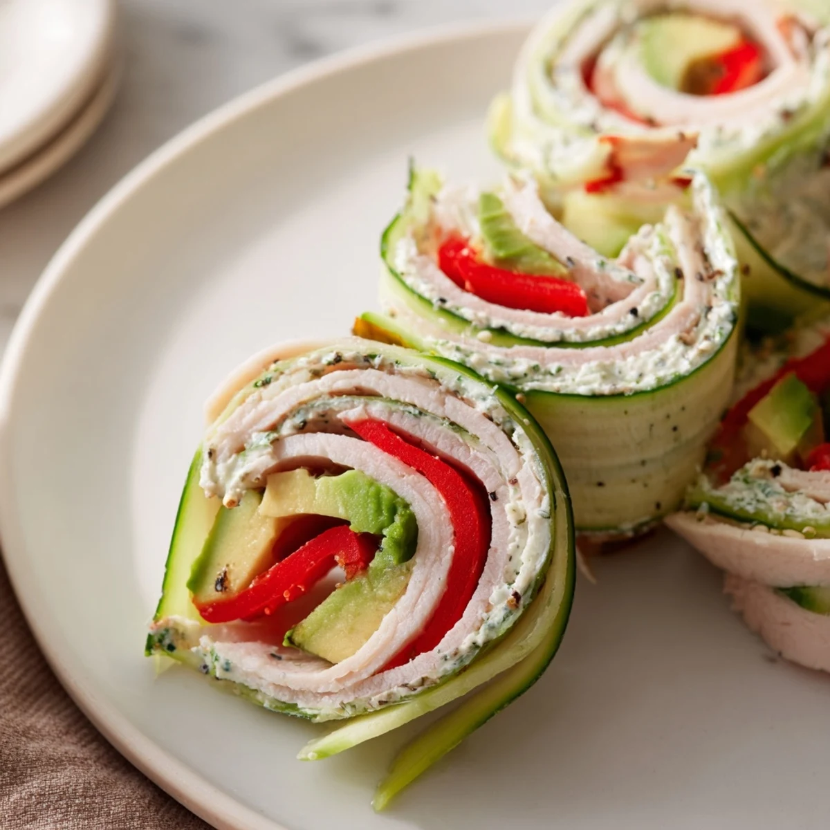 Close-up of healthy Cucumber Roll-Ups, featuring cucumber spirals and flavorful deli ingredients.