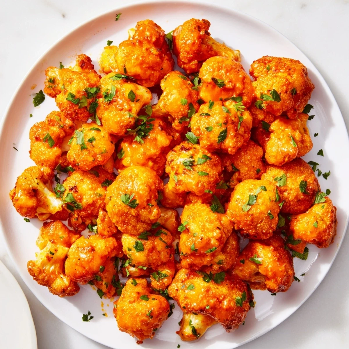 Golden, crispy Buffalo Cauliflower Bites are tossed in spicy buffalo sauce, ready to eat.