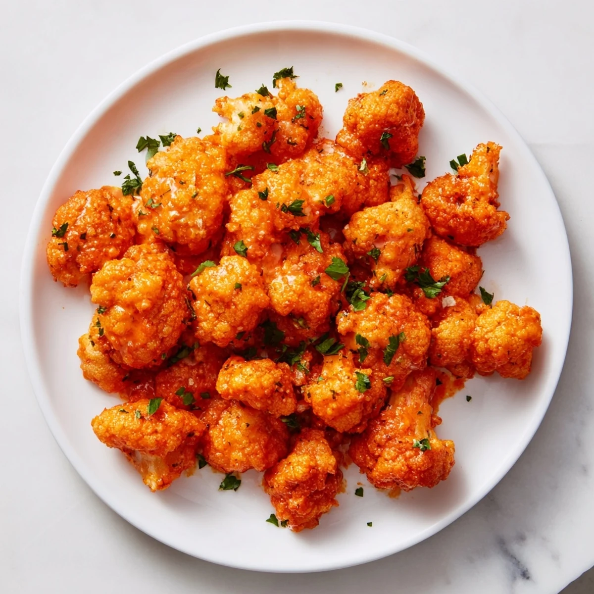 A close-up of steaming Buffalo Cauliflower Bites, glistening with flavorful buffalo sauce and herbs.