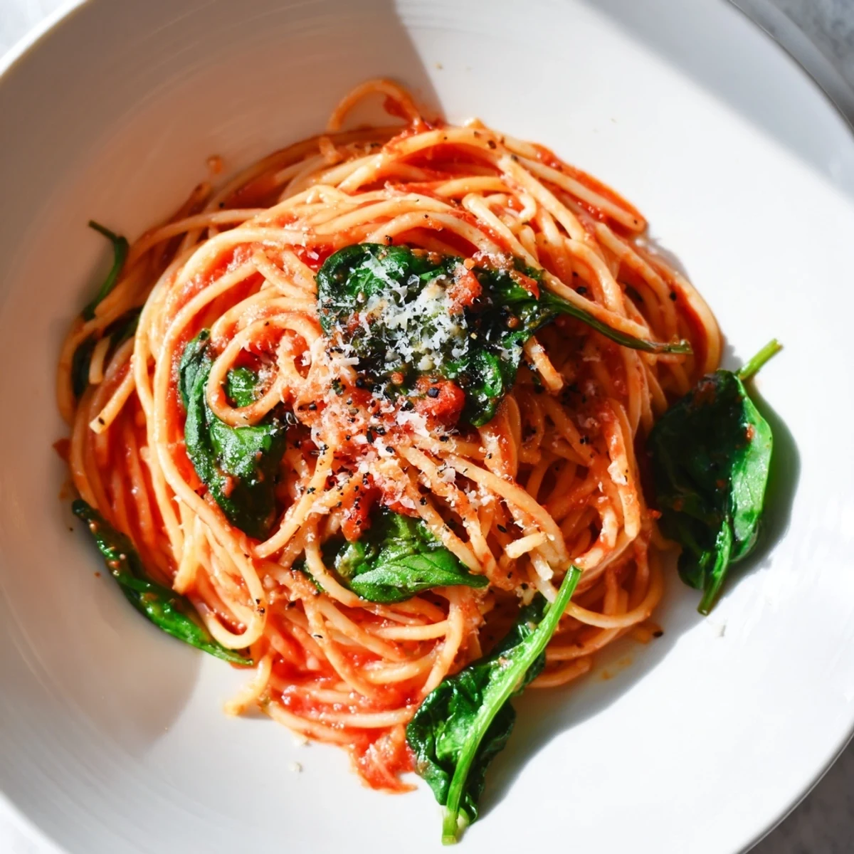 Quick Marinara Pasta with Spinach served in a bowl, steam rising, ready for a comforting meal.