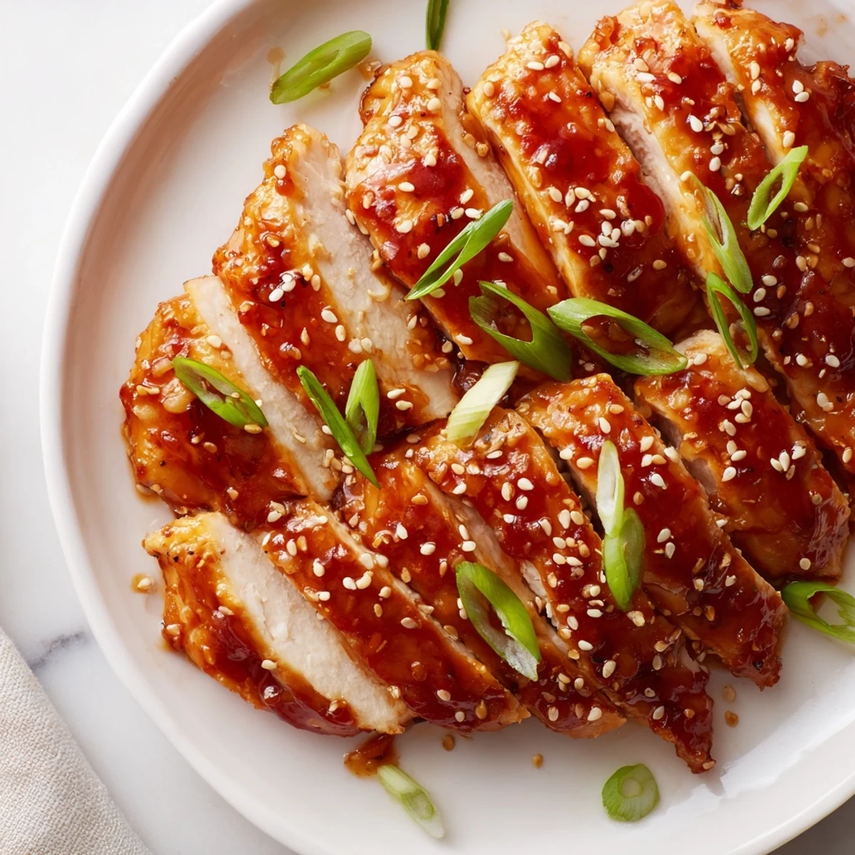 Sweet and Spicy Sriracha Honey Chicken, glistening and sticky, ready to be served over rice.