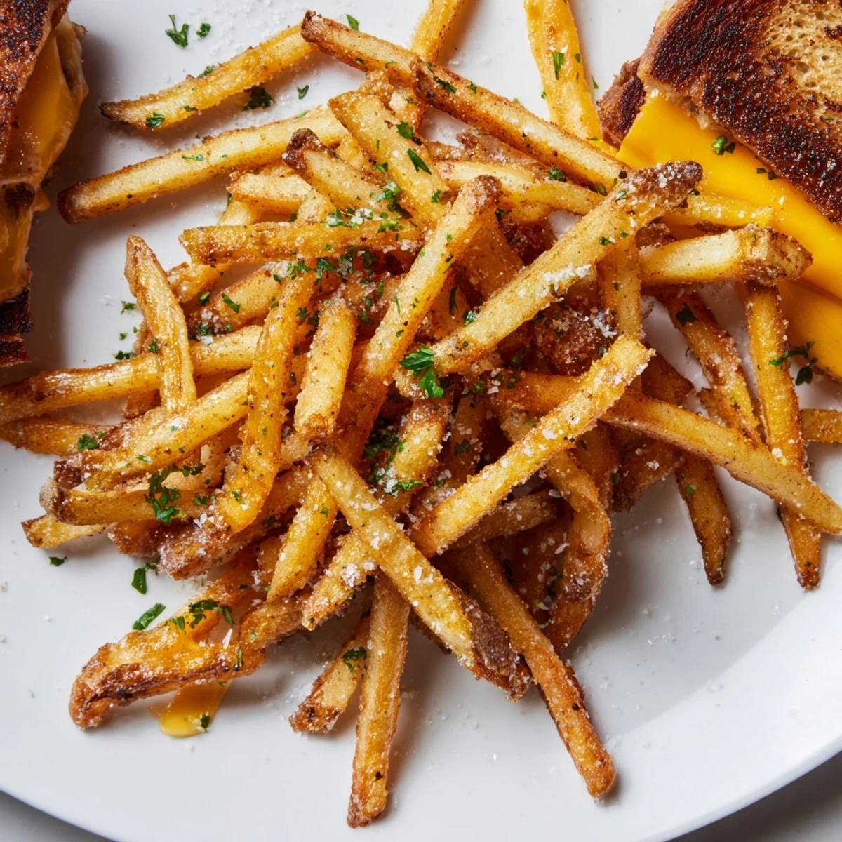 Golden, crispy Beef Tallow French Fries Grilled Cheese, oozing melted cheddar, a true comfort food delight.