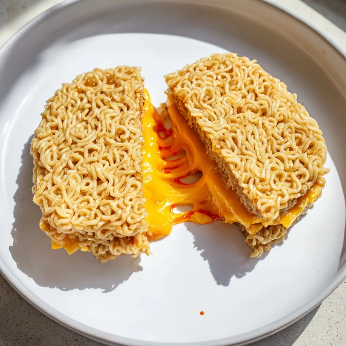 Golden, melted Instant Ramen Grilled Cheese features perfectly crisped ramen buns with cheesy filling.
