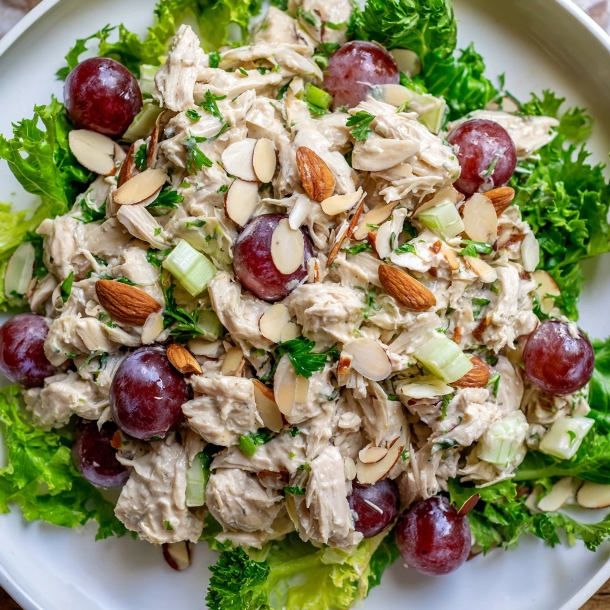 Fresh, creamy, and chilled crispy chicken salad with grapes and a bed of colorful lettuce.