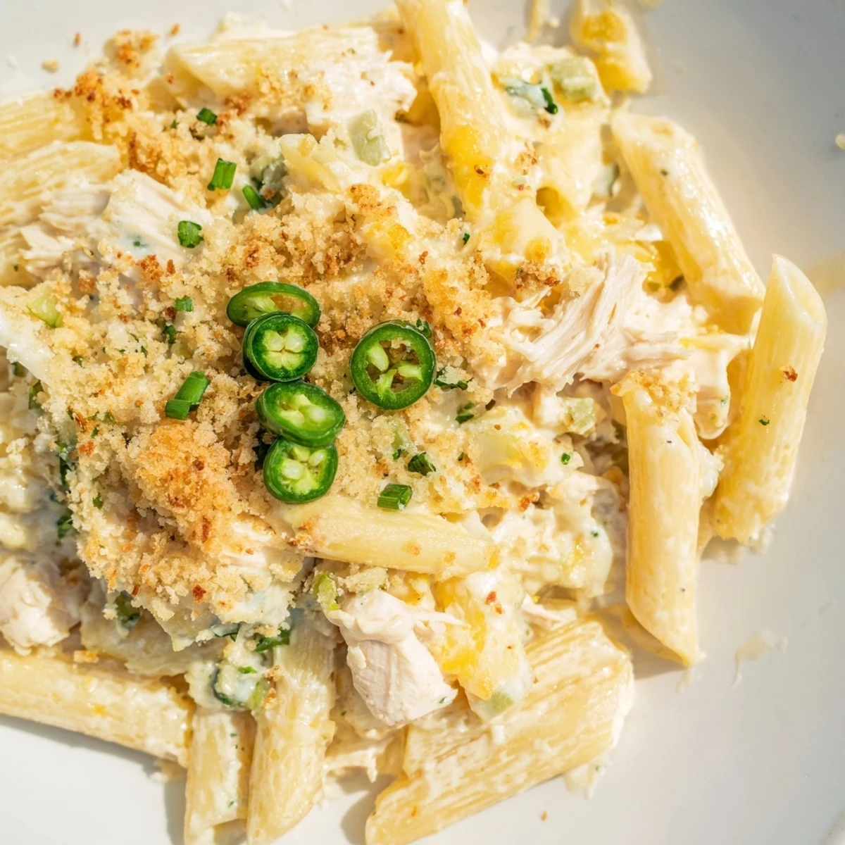 Creamy Jalapeño Popper Chicken Pasta, bubbling hot with a golden breadcrumb topping and melty cheese.