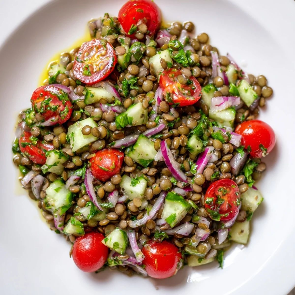 Hearty lentil salad overflowing with fresh tomatoes, cucumber, and a bright, zesty mustard vinaigrette.