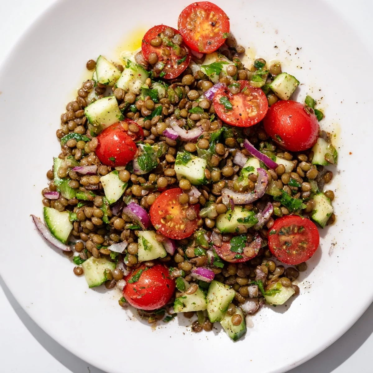 A bowlful of colorful lentil salad showcases a healthy lunch or side dish, ready to enjoy.