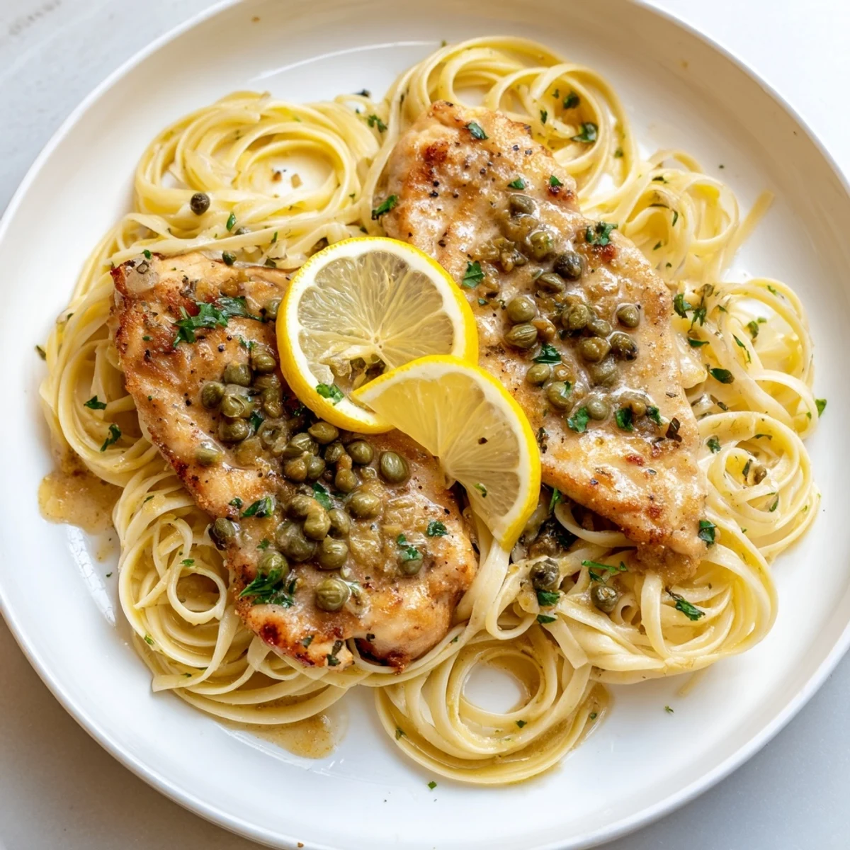 Golden chicken piccata pasta, perfectly cooked with a bright lemon-caper sauce, ready to serve.