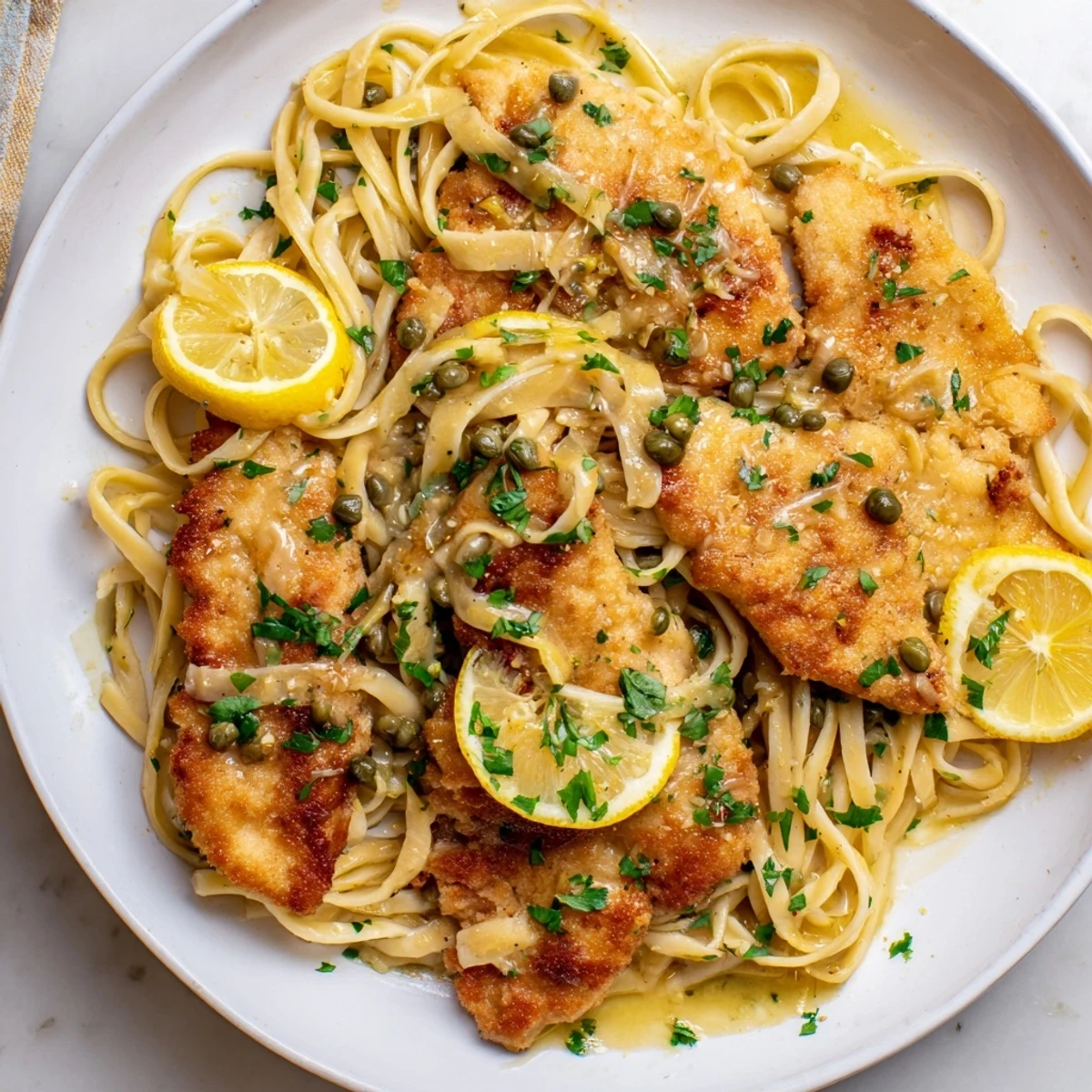 Lemony, tangy chicken piccata pasta with capers and fresh parsley, a simple yet elegant Italian dish.